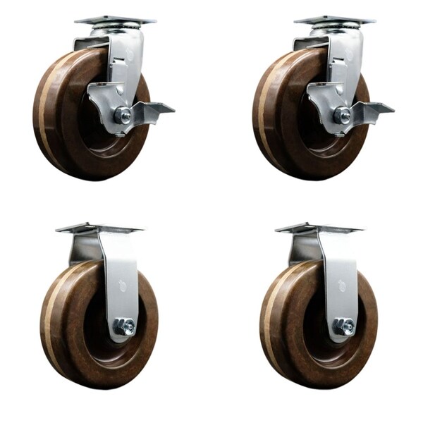 6'' High Temp Phenolic Caster Set with Bronze Bearings 2 Brakes 2 Rigid, 4PK
